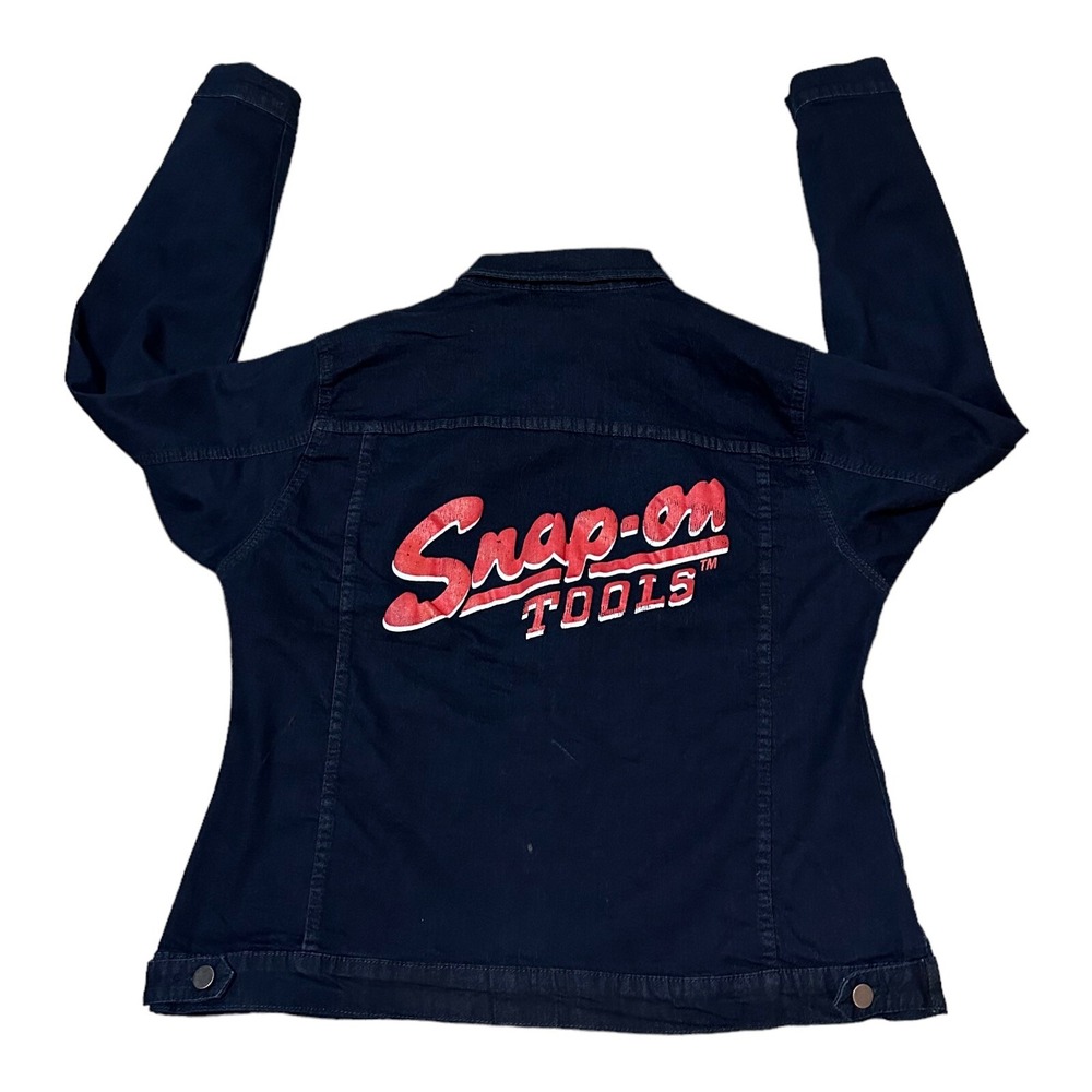 Rare SNAP ON TOOLS Jean Jacket Women XXL Blue Stretch Spell Out Button Trucker